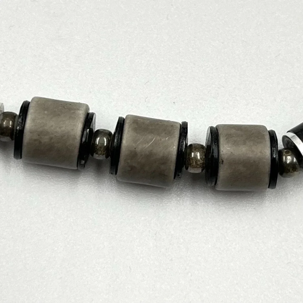 Vintage Retro Earthy Grey Stone & Wood Tube Bead Necklace‎ Boho Tribal Style